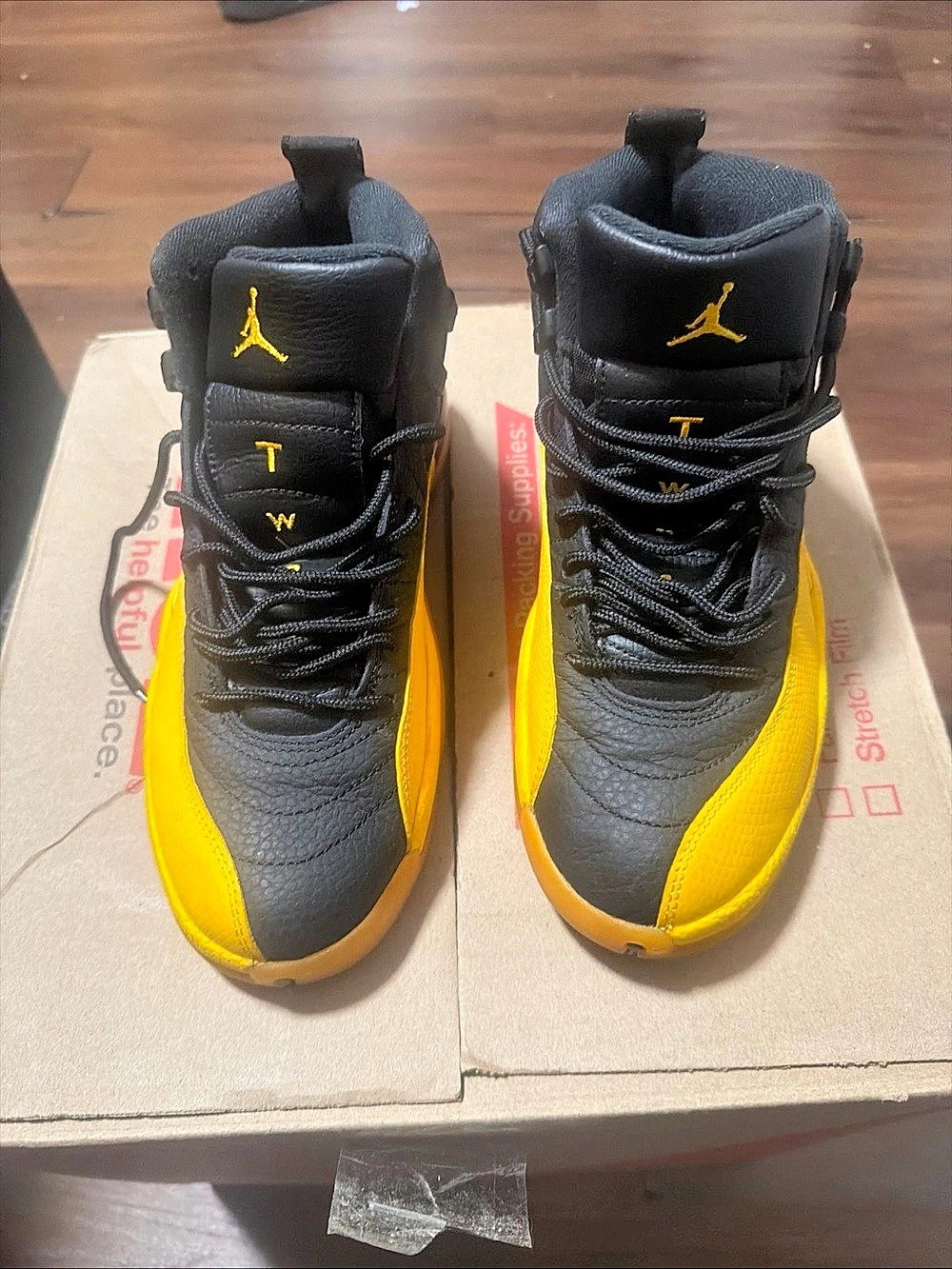 Jordan Air Jordan 12 Retro High Top Black/Yellow Leather Basketball Sneakers